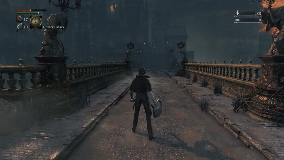 Animation that switches between the normal third-person camera behind the hunter and the first-person camera on a stone bridge.