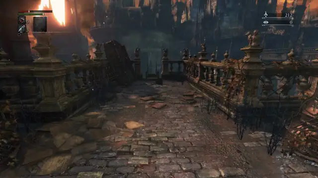 Animated clip of the FPS head camera: walking along the Yharnam rooftop, looking over the edge, jumping down and dying; the death camera follows the head to the ground, ending on the death screen